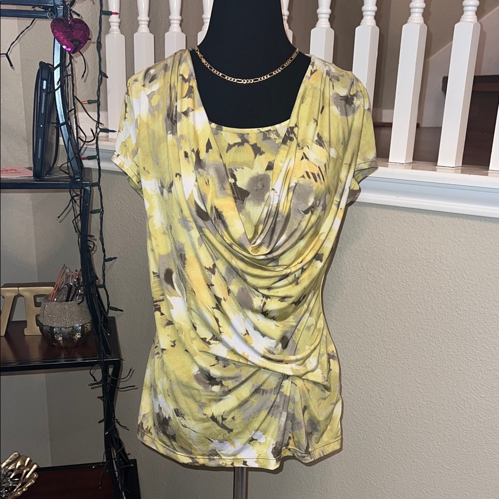 Anne Klein Yellow Floral Drape Neck Blouse